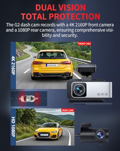 4K Full HD Dual Dash Cam for Cars with 64GB Built-in Memory and 5G WiFi GPS
| Dash Cam Front and Rear with 2160P Night
